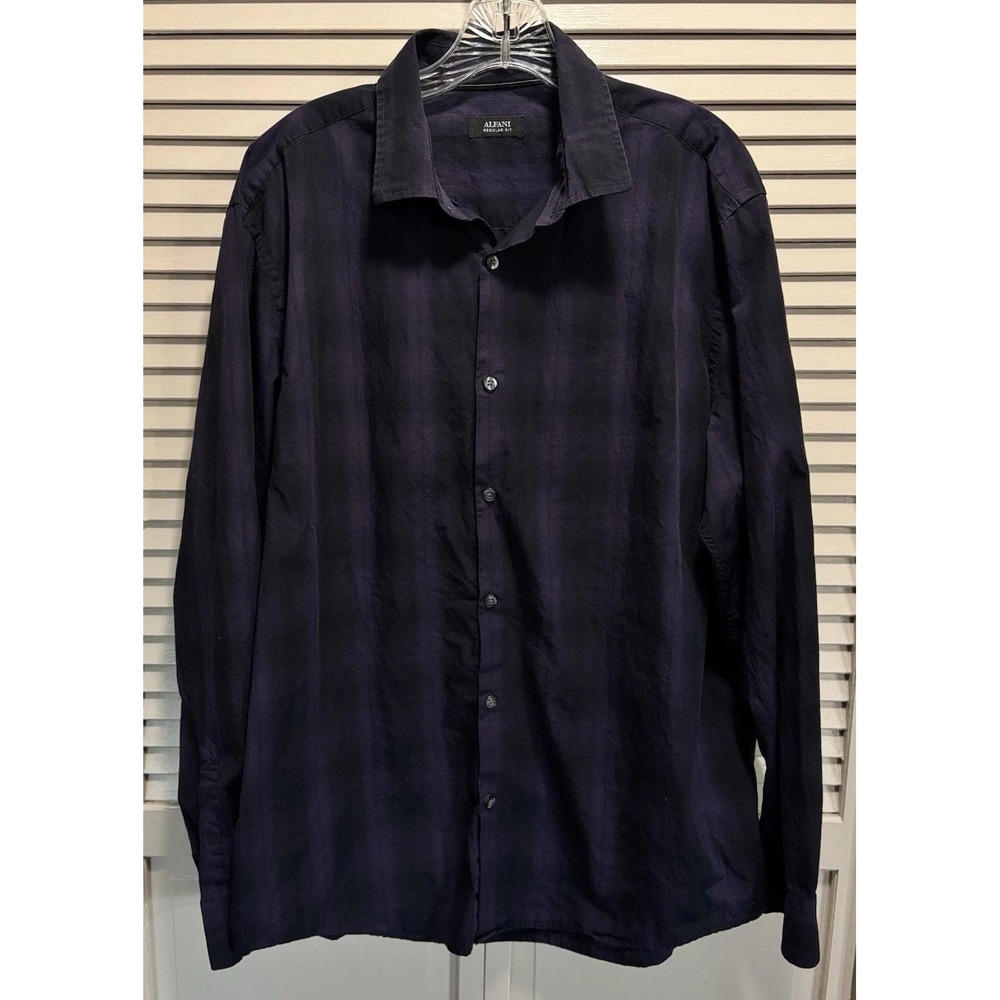 Alfani Reg Fit Long Sleeve Button Up Dress Shirt Size XL Purple/Blk Plaid Cotton
